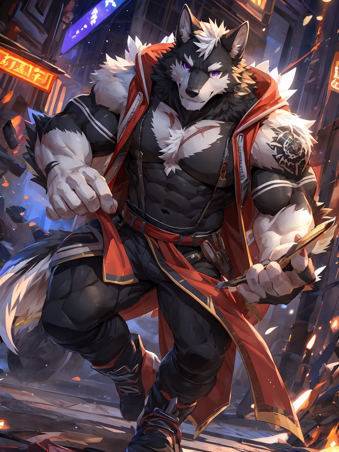 Best quality, diederich olsen (/knights college/), wolf, kemono, nj5furry, Red Fur, Red eyes, Medium Muscular Body, Solo, Cool Pose, white socks, Collar, topless, trunk, Sweat, Fierce, Smille, Scar, Martial Arts, Competition Ring