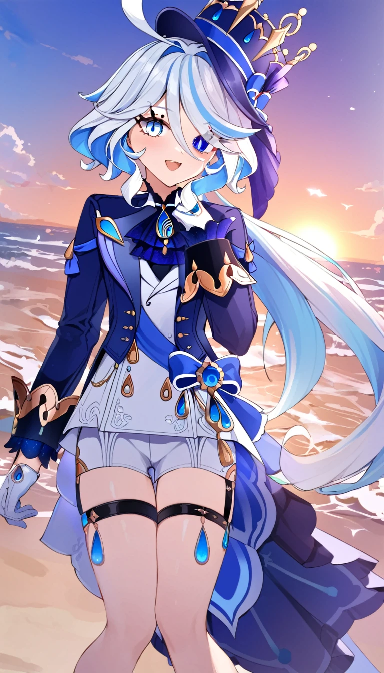 furina \(genshin impact\), heterochromia,hat,bule hair,blue eyes,ascot,brooch,long sleeves, jacket,blue bow,gloves,white shorts, thigh strap,(at beach), (sunset)