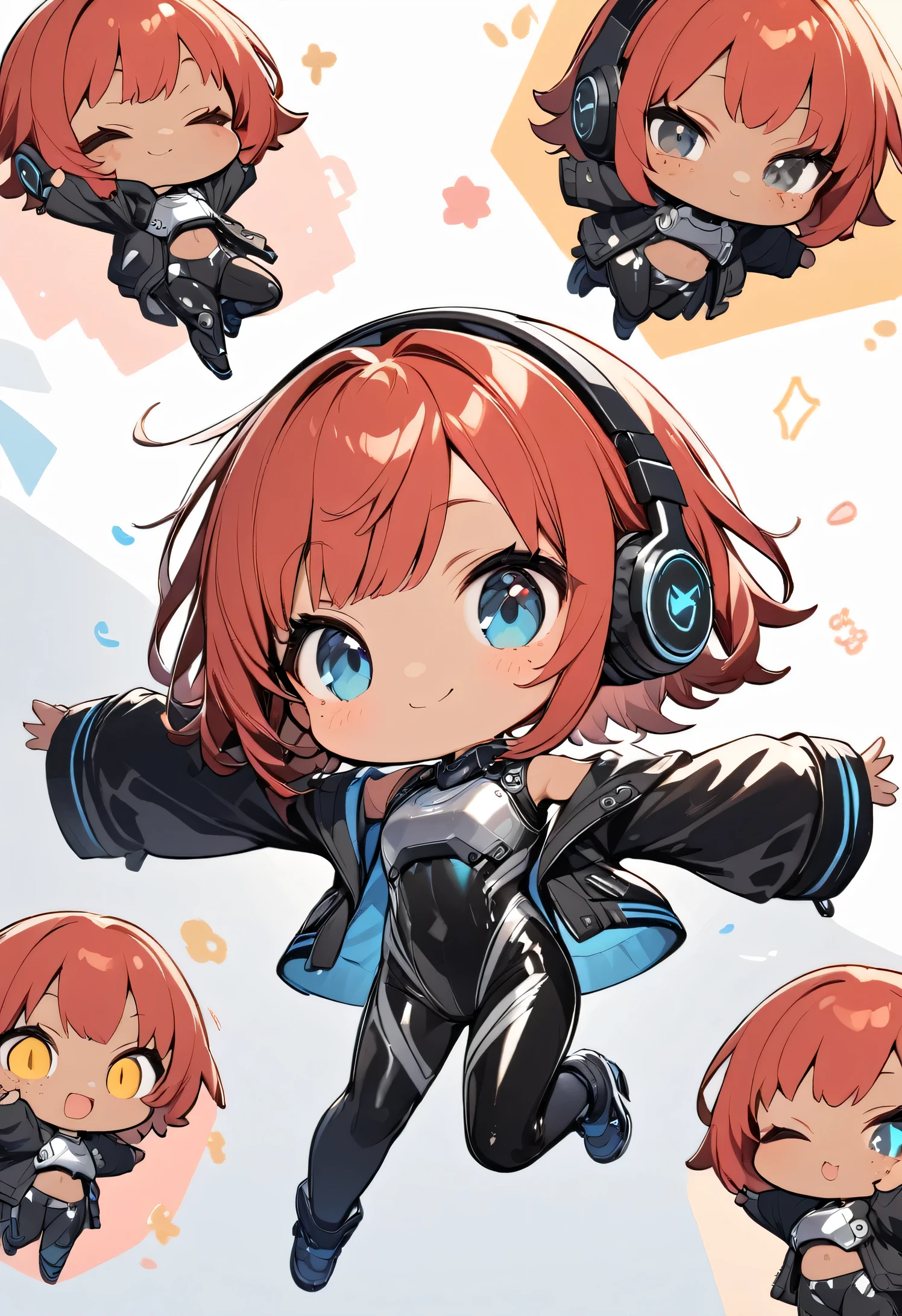 full body,1 girl,(cute:1.3),short, spiky, red Hair, left eye blue, right eye yellow, tan skin, freckles,｛White breastplate, Black futuristic headphones, Mechanical black glossy metallic Bodysuit, Bare shoulders, oversized jacket, Glossy, shiny material,chibi emote, chibi character, jumping pose
