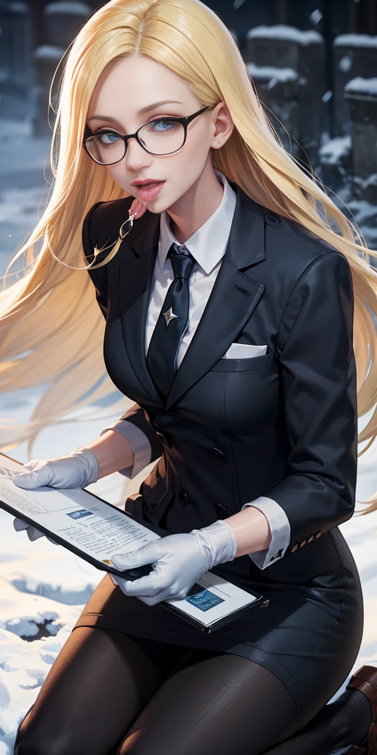 masterpiece, best quality, blonde hair, sfKolin, glasses, black shiny skirt suit (((three-piece suit))) necktie, blazer, suit jacket, waistcoat, bodycon skirt, snow, grey sky, black gloves, holding clipboard, smiling, looking at viewer, kneeling, blowjob, penis in mouth, oral sex, fellatio