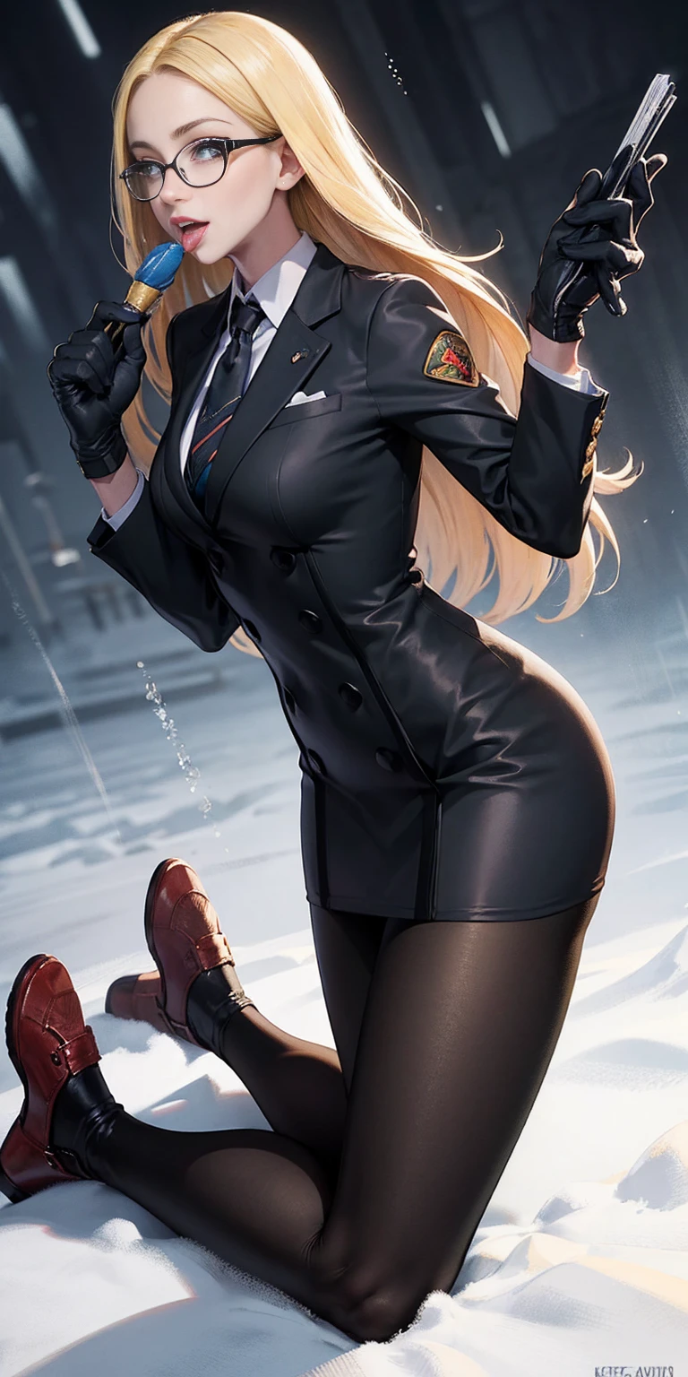 masterpiece, best quality, blonde hair, sfKolin, glasses, black shiny skirt suit (((three-piece suit))) necktie, blazer, suit jacket, waistcoat, bodycon skirt, snow, grey sky, black gloves, holding clipboard, smiling, looking at viewer, kneeling, blowjob, penis in mouth, oral sex, fellatio