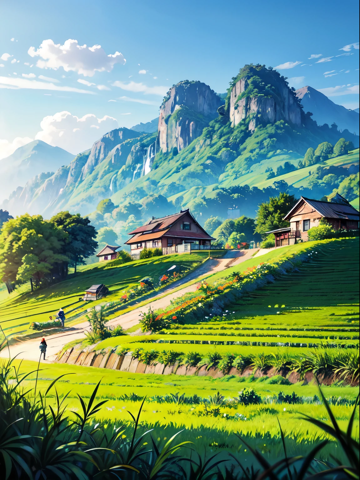 (best quality,4K,8K,mackerel,masterpiece:1.2),very detailed,realistic,photorealistic:1.37,Southeast Asia,stair field,farmer,2 chickens,Vietnam,farm life,fertile land,rice terrace,traditional agriculture,harvest,greenery,peaceful scenery,diligent,traditional clothes,errands on the farm,sturdy bamboo hat,tranquil atmosphere,family owned farm,vibrant culture,colorful traditional houses,rich heritage,Breathtaking views,lush vegetation,bountiful rice farming,modern agricultural technology,sunlight through leaves,buffalo grazing,community spirit,daily farm work,simple life,sustainable agricultural practices,From farm to table,fresh organic produce,farmhouse,a true experience,quiet countryside