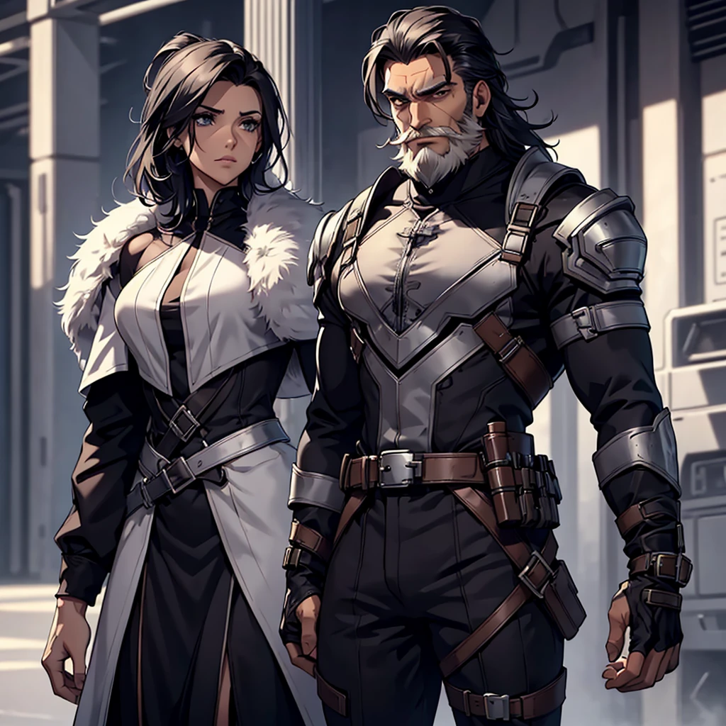 only male character. has a scar on his face. He has a good appearance and is strong. He has a beard, but without a mustache. her hair is black. his face is serious. has futuristic and heavy clothes. besides the clothes being a bit chic.