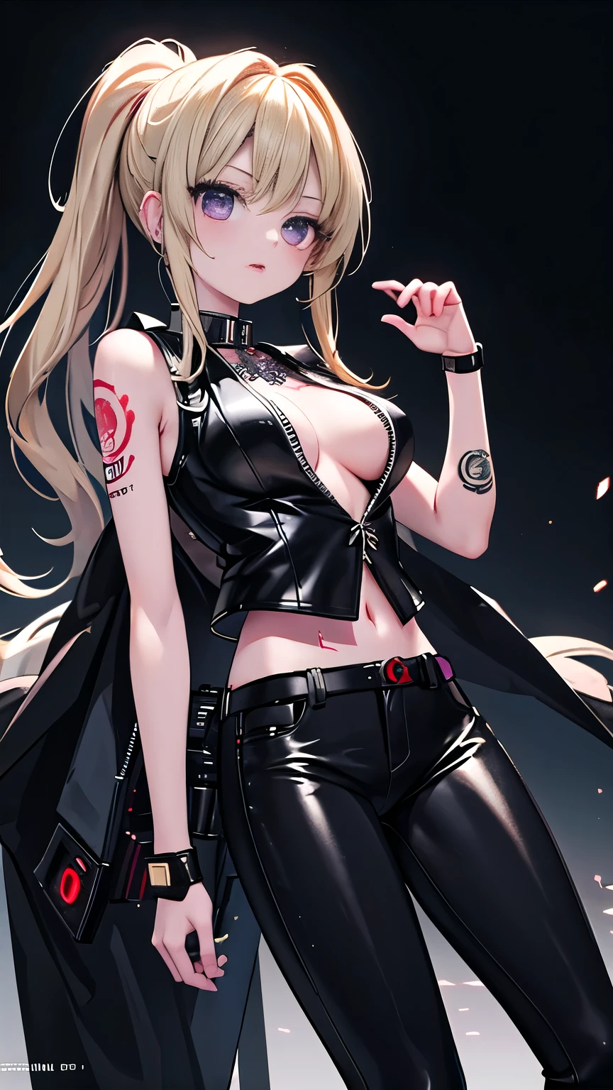 (highest quality)，masterpiece，Super detailed，8K, UHD，Beautiful woman，japanese woman，No expression，whole body，((Tattoo on arm))，slim，black leather pants，black leather vest，(female mafia)，gangster，(cyberpunk city)，night，cinematic lightening，underworld