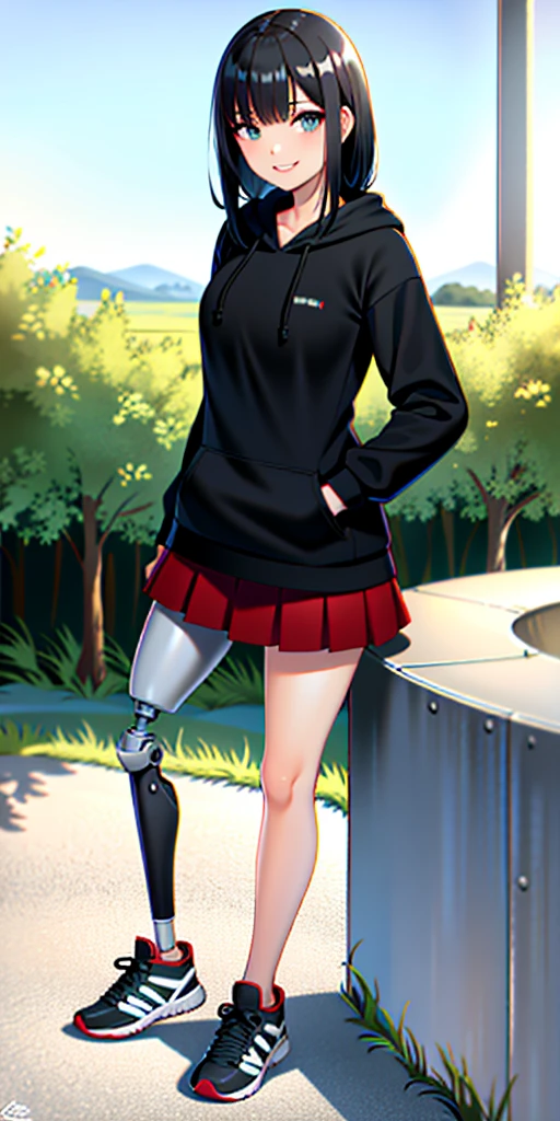 best quality, 1girl, solo, standing, outdoors, medium hair, black hair, straight hair, Lock of red hair, looking at viewer, medium breasts,  (prosthetic leg:1.2), full body, smiling, (skirt:1.2), two prosthetic legs, sneakers, lycra skirt, oversized_hoddie, black oversized_hoddie. 