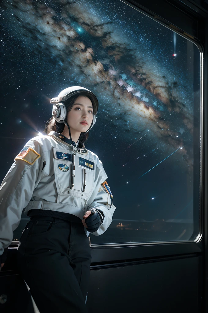 An astronaut in a spacesuit is using a smartphone in interplanetary space