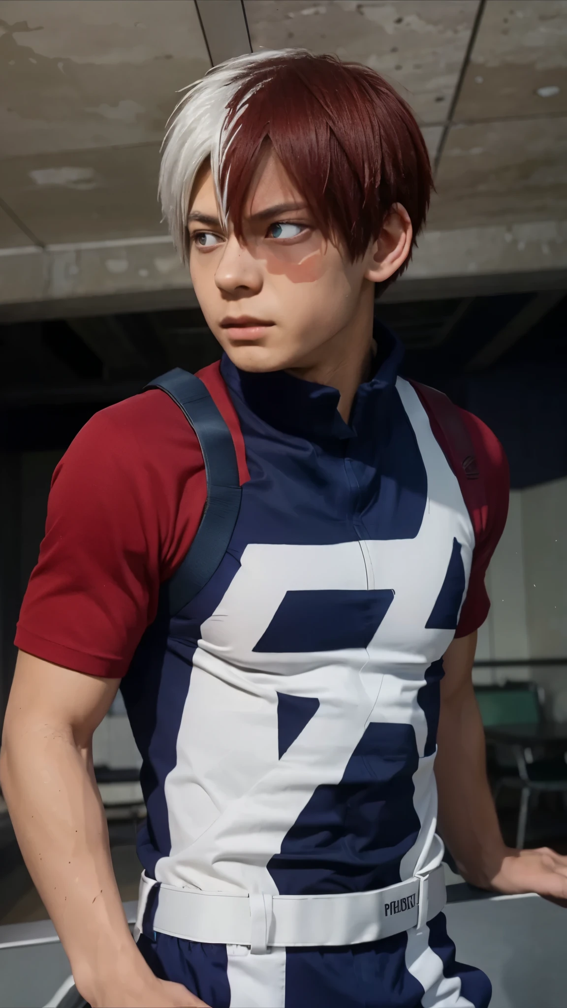 Boy with straight short hair falling over his face: half of his hair white and half red; wearing dark blue hero jumpsuit; eye on the left is brown and the eye on the right is blue; Around the eye on the right there is a red spot like a scar.His appearance is like Shoto from My Hero Academia, https://images.app.goo.gl/uvKPutsofqXqR5sMA Standing