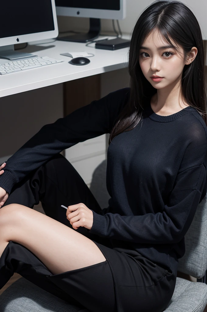 Highly detailed CG Unity 8k wallpaper, top quality, super detailed, masterpiece, realistic, photorealistic, highly detailed cute girl, 25 years old, black pantyhose, white shirt , get blush, parted lips, round eyes, medium breasts, viewer, half body shot ,office , sitting ,