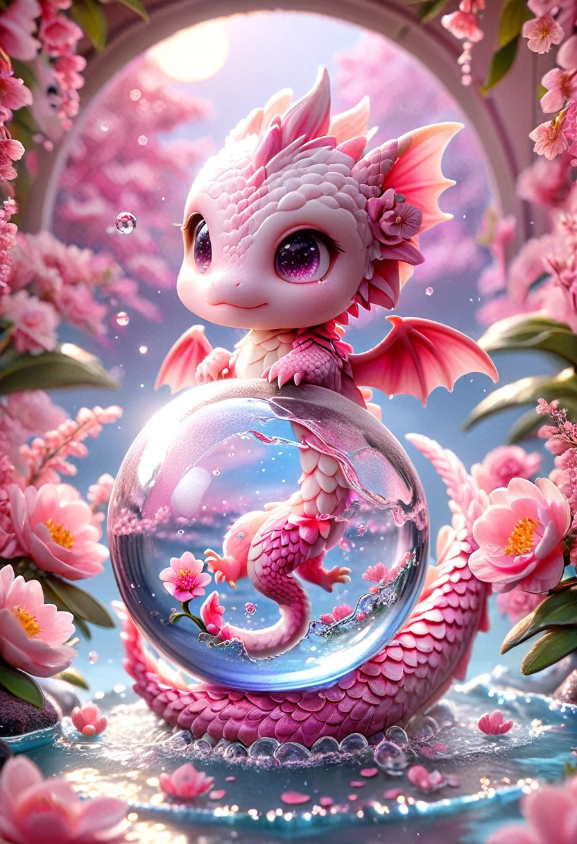 absurdres, highres, ultra detailed, HDR, master piece, best quality, small pink dragon, cute, solo, pink flowers, pink petals, water, magical, fantasy, pink crystal ball, pink moon, pink lights