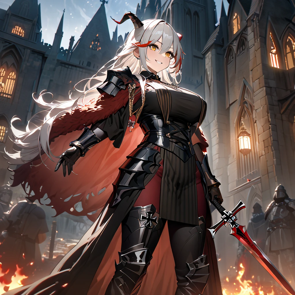 A woman wearing black heavy armor, black metal bracelet, black metal boots, horned shoulder pads, wearing a red fur cape, iron cross necklace on her neck,horns, big breasts, smiling, perfect face,standing posture, holding a red sword with flames, black metal gloves, white hair, long hair, red bangs, multicolored hair, yellow eyes, on the outside of a gothic medieval castle, medieval setting, wide view of the sky, night place, illuminated.UHD , prime work , accurate , anatomically correct , textured skin , super details , high quality , best quality, 8k, high resolution, bokeh effect. (woman alone),
