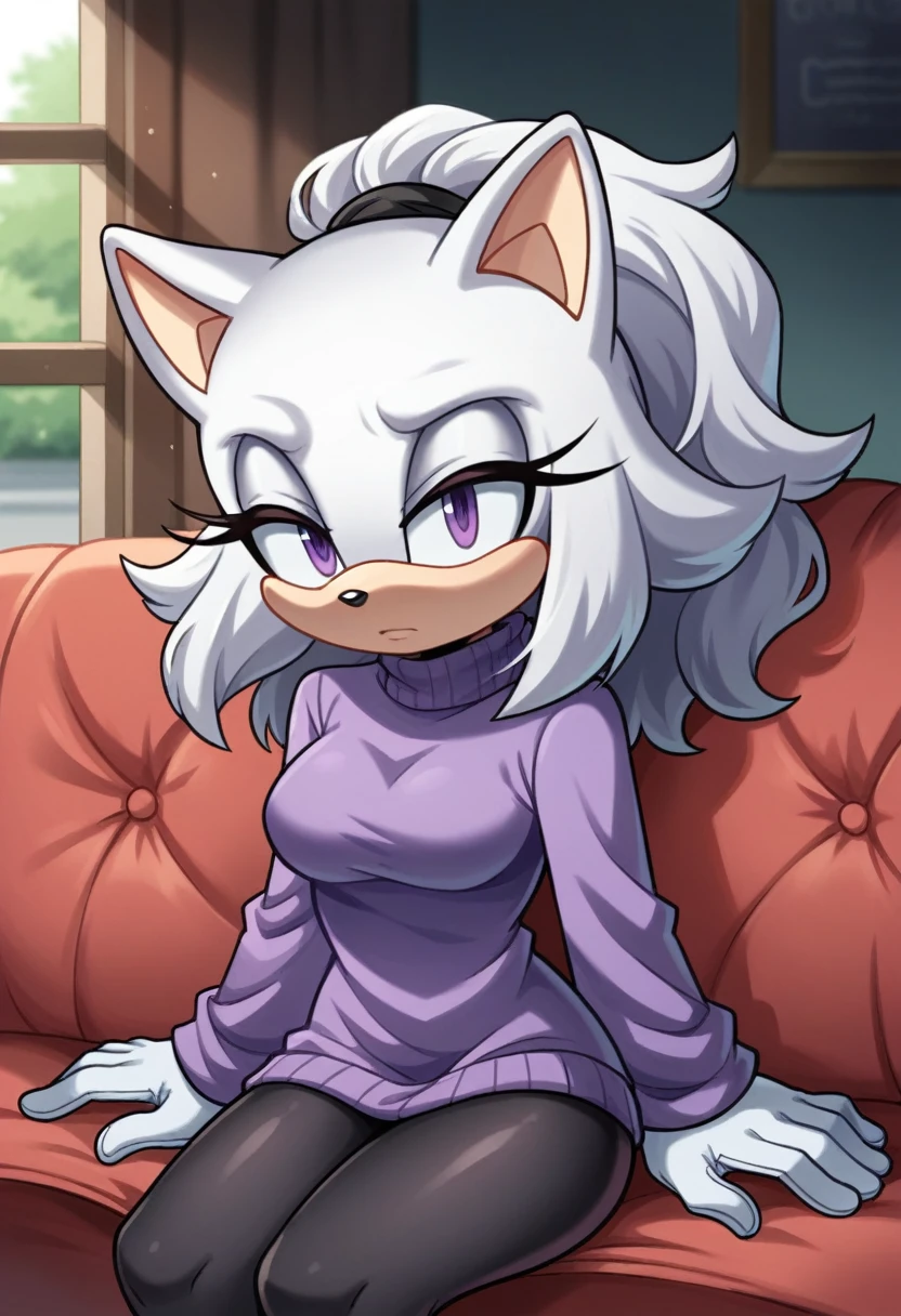 An anthropomorphic furry white female wolf, humanoid, cute snout, long white hair, white fluffy body, white wolf tail, white wolf ears, purple eyes, wearing black lingerie, digitigrade feet, 4 toes, full body shot, in a bedroom