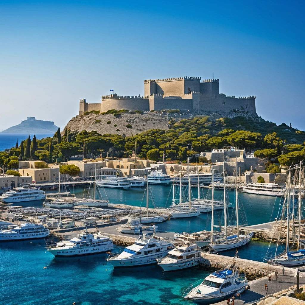 Greek mythological city Rhodes port surrounded by mountains inspired by Santorini and Rhodes, with huge bronze colossus with the image of Helios the Sun God at the entrance, boats and caravels, the sea and a temple in the center.