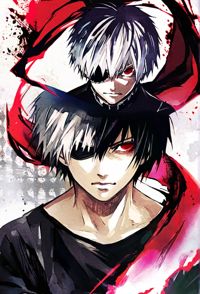 ```
Ken Kaneki, Tokyo Ghoul, white hair, black outfit, eyepatch, half-ghoul, serious expression, red kakugan eye, kagune tentacles, detailed face, high quality

```