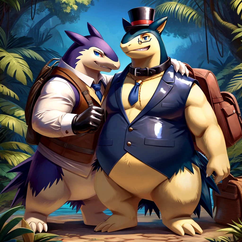 Male, fat, extremely obese, gentleman, Typhlosion, blue eyes, (posing:1.3), (soft shading), 4k, hi res, ((detailed face, detailed)), looking at viewer, evil grin, jungle, forest, shirt, top hat, male focus, Explorer Outfit, glasses, bag, vest, backpack, sleeves rolled up, round eyewear, brown headwear, brown vest, Typhlosion is wearing a glossy leather dog collar around the neck, Typhlosion is wearing the leather collar and shirt and vest at the same time, Typhlosion is wearing glossy white rubber gloves on the hands, wearing white rubber gloves on the feet, gloves are rubber in texture, clenching teeth, clenching fists, leather collar is glossy and shiny with a lot of detail.