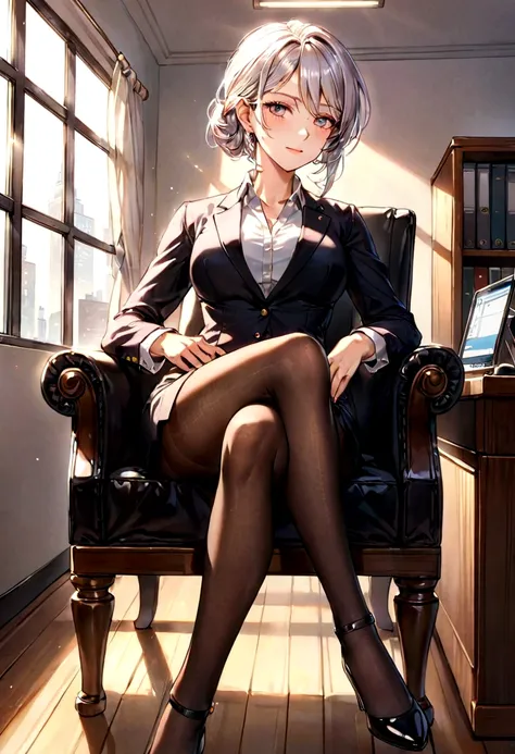 crossed legs,office,pantyhose, rays of light, elegance face,mature face