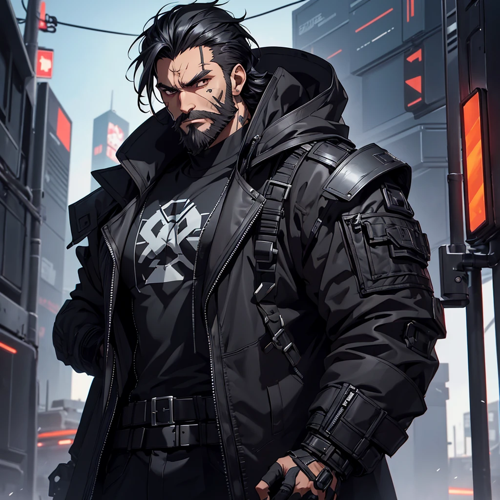 make one just a male character who has black hair and beard, in addition he must be wearing heavy and futuristic cyberpunk style clothing, he will also have a scar on his face and will have a very serious expression, and to finish he has a strong and well defined