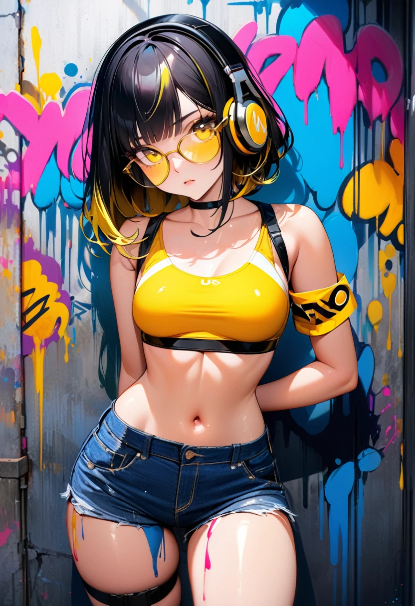 ((top-quality)), ((​masterpiece)), ((ultra-detailliert)), (extremely delicate and beautiful), Digital art, 1girl, solo, crop top, BREAK (((yellow glasses:1.3))), (headphone:1.2), shiny hair, black short hair, blunt bangs, lustrous skin, denim shorts, choker, (graffiti:1.5), paint splatter, arms behind back, against wall, looking at viewer, armband, thigh strap, paint on body, head tilt, bored, multicolored hair, 