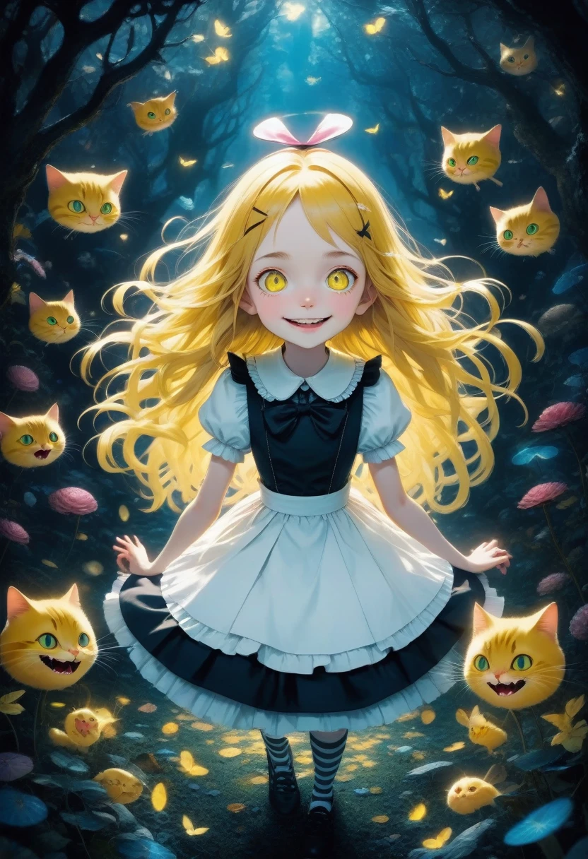 score_9, score_8_up, score_7_up, score_6_up, score_5_up, score_4_up, source_anime, 2.5D, alice in Wonderland, cute girls, smiling, yellow cat-like eyes, dark and otherworldly spaces, ghosts, images with an old Disney feel, sci-fi horror cute dark fantasy