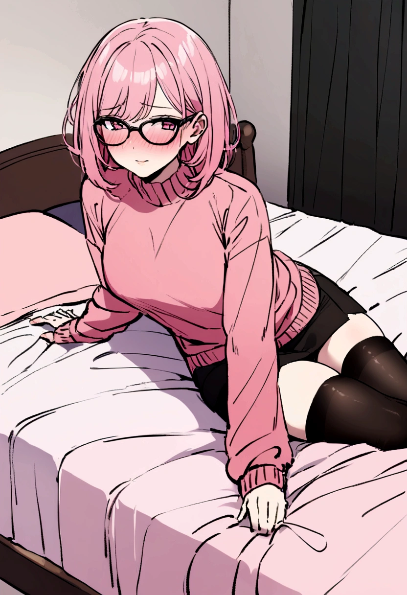 (highest resolution, distinct_image) The best quality, a woman, masterpiece, highly detailed, semi realistic, 21 years old, short hair, double buns hair, cute, young, beautiful, very long sleeves, oversized sweater, modern bedroom background, cute and delicate facial features, sitting, thighs, big round black trim glasses, blush, face covered by pillow, shy