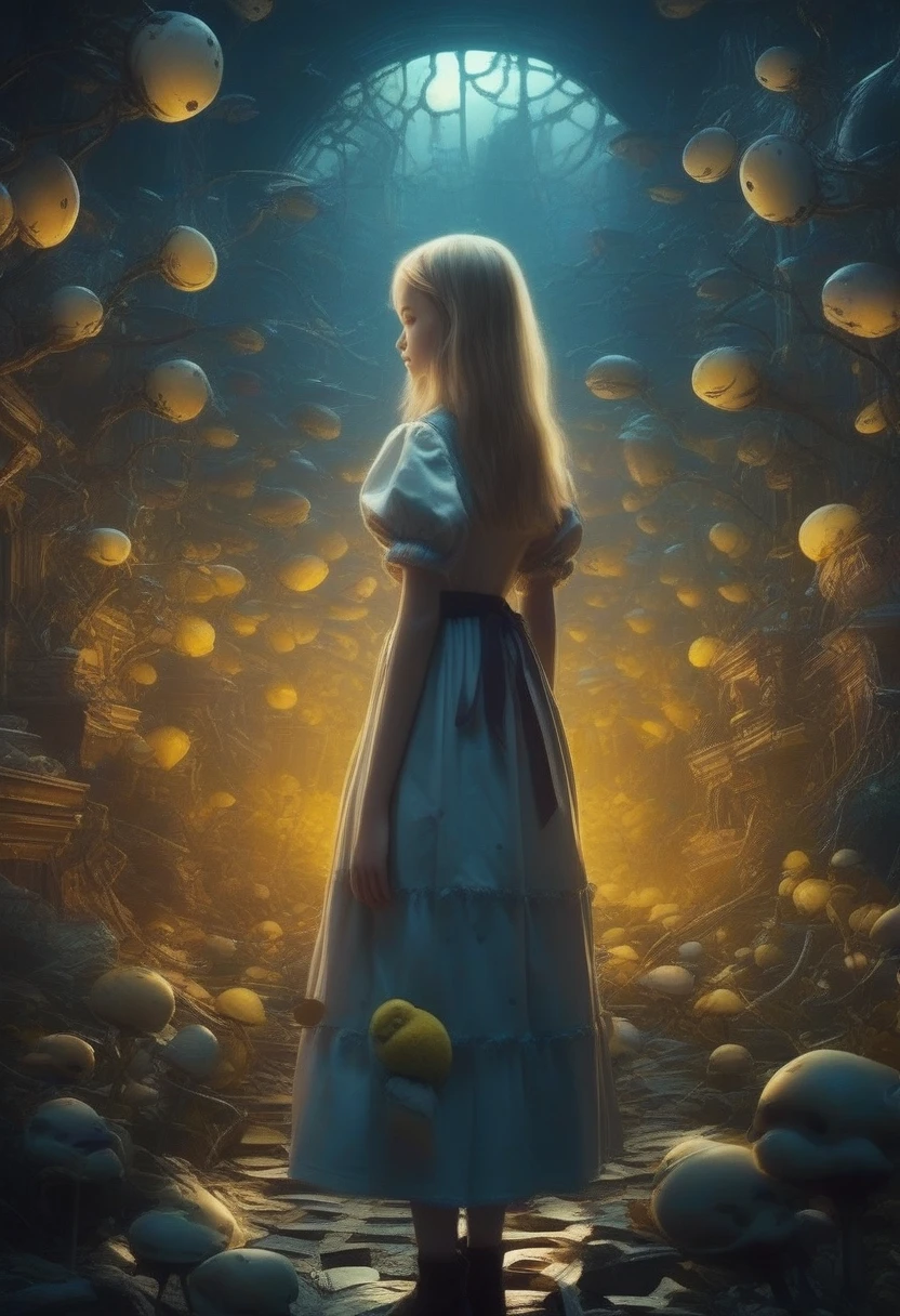 score_9, score_8_up, score_7_up, score_6_up, score_5_up, score_4_up, source_anime, 2.5D, alice in Wonderland, cute girls, smiling, yellow cat-like eyes, dark and otherworldly spaces, ghosts, images with an old Disney feel, sci-fi horror cute dark fantasy