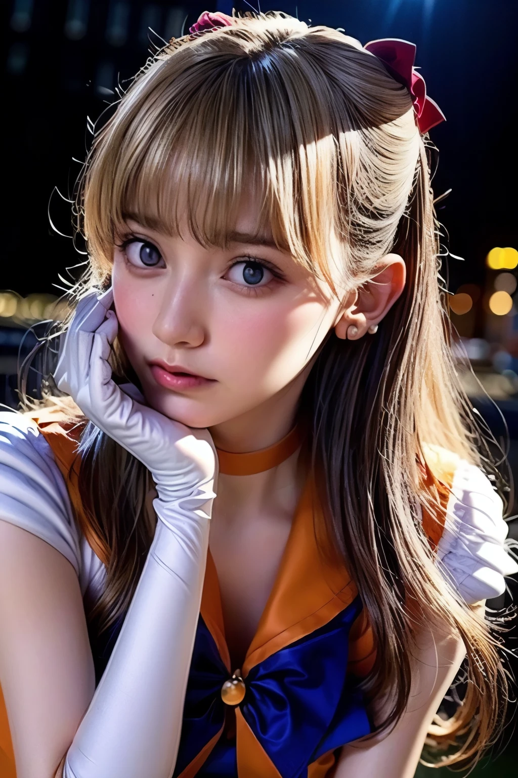 (realistic, photo-realistic:1.4), (best quality,masterpiece:1.2), RAW photo, high resolution, intricate details, extremely detailed, realistic and sharp details, cinematic lighting, (full body), frontal photography, solo, 1girl, sailor venus, sv1, MinakoAino, a Japanese female idol wearing a sailor senshi uniform, smuniform, jewelry, circlet, flower earrings, orange sailor collar, orange choker, blue neck ribbon, (white elbow gloves:1.2), orange skirt, orange ankle strap pumps, red hair bow, (blonde hair, long hair, bangs:1.5), detailed face, beautiful detailed eyes, beautiful pupils, pale skin, fine-textured skin, (perfect anatomy, prefect hands), photo background, outdoors, daytime 