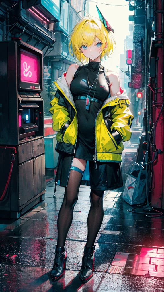 1 girl, short yellow hair, cyberpunk, Alice in Wonderland, black high heels, hand in pocket, best quality, 4k, 8k, highres, masterpiece:1.2, ultra-detailed, realistic, photorealistic, photo-realistic:1.37, HDR, UHD, studio lighting, ultra-fine painting, sharp focus, physically-based rendering, extreme detail description, professional, vivid colors, bokeh, concept art