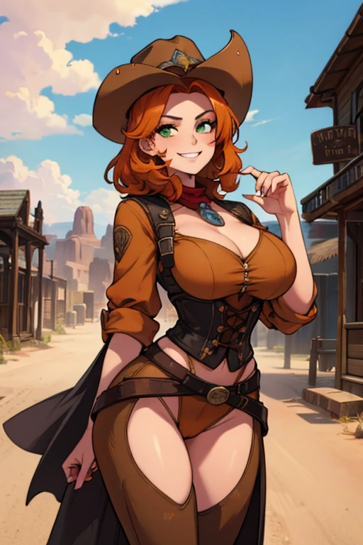 Perfect face, perfect hands. An orange haired female with green eyes and an hourglass figure in a conservative cowgirl outfit is smiling while leaning forward in a wild west town