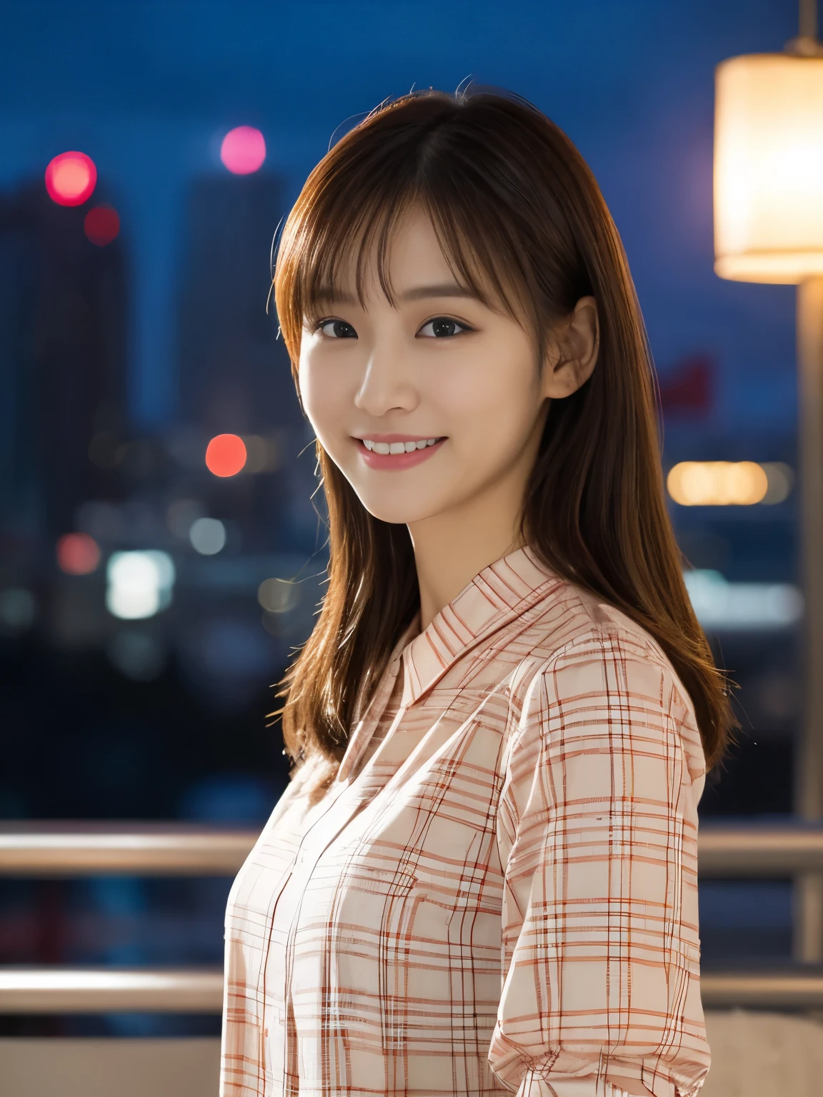 1 girl, (wearing a Check pattern red blouse:1.2), Beautiful Japan actress,
(RAW photo, highest quality), (realistic, Photoreal:1.4), masterpiece,
very delicate and beautiful, very detailed, 2k wallpaper, wonderful,
finely, Very detailed CG Unity 8K wallpaper, super detailed, High resolution,
soft light, beautiful detailed girl, very detailed目と顔, beautifully detailed nose, beautiful and fine eyes,
cinematic lighting, Against the backdrop of the cityscape at night, city lights, perfect anatomy, Random Body Orientation, slender body, smile
