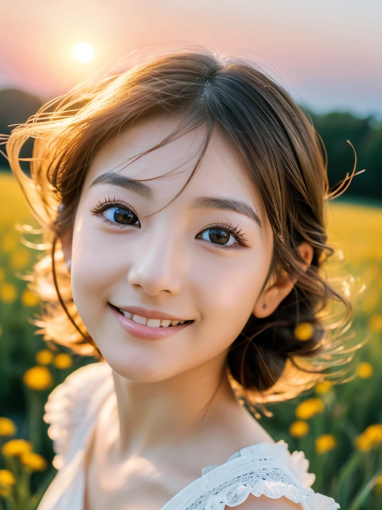 Japanese beautiful girl, ((Fisheye Lens, )) wind, sunset, Wheat field、, (Aesthetics and atmosphere:1.2),Smiling beautiful woman、8K、ultra HD、woman1 person((highest quality, 8K, masterpiece: 1.3)), woman (Wearing a white dress), Dancing,Sharp focus: 1.2, cute woman: 1.4, (((Random hairstyle)), Highly detailed face、skin、Hair Texture, detailed eyes, double eyelid, White skin, Beautiful and delicate nose, Cute young Japanese woman, 28 years old, At a dynamic angle, Pleasant to the eye、Thought-provoking composition, Emphasize the subject&#39;s hair,  Words and actions, The muted tones and contrast of light and shadow create a melancholic feeling.,