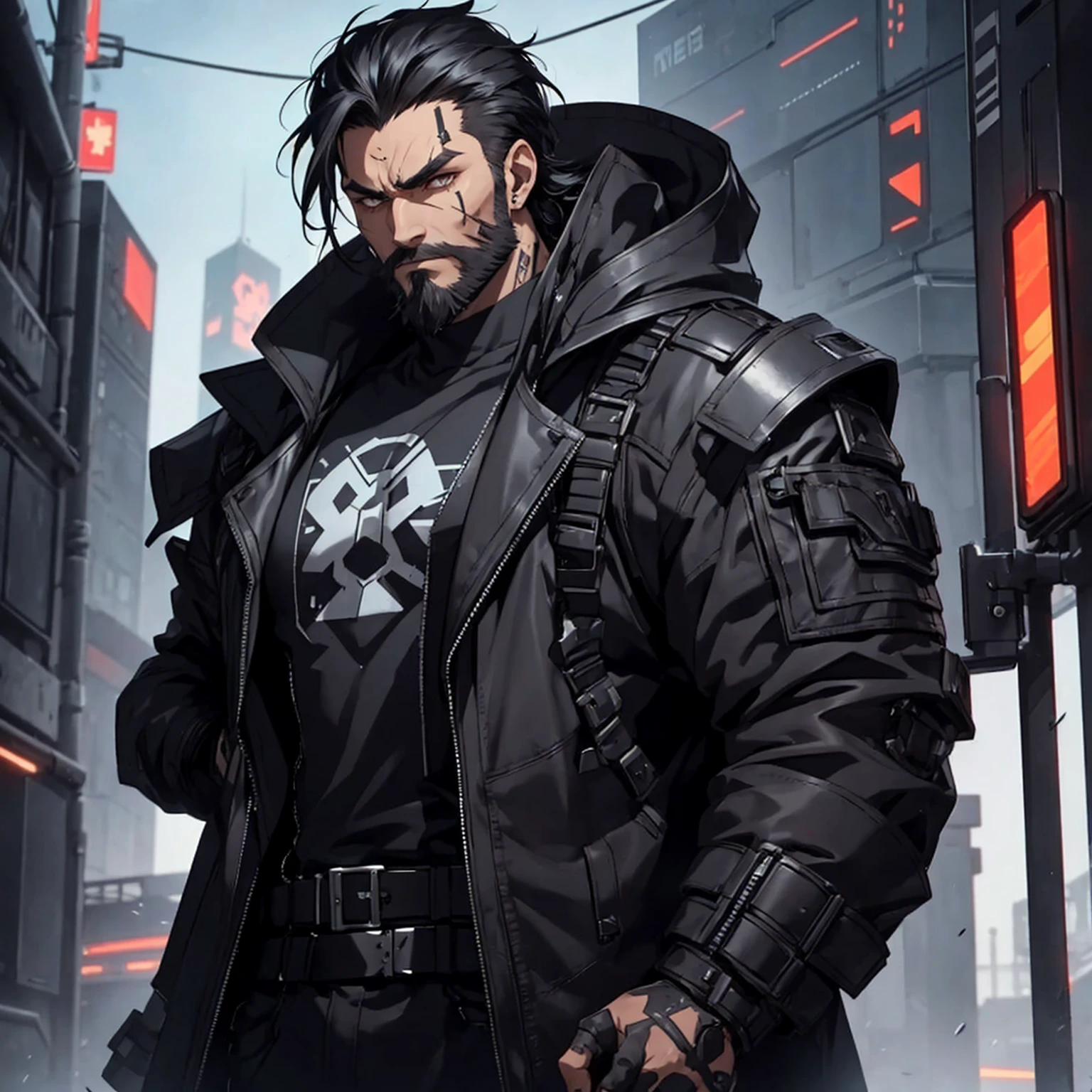 make one just a male character who has black hair and beard, in addition he must be wearing heavy and futuristic cyberpunk style clothing, he will also have a scar on his face and will have a very serious expression, and to finish he has a strong and well defined