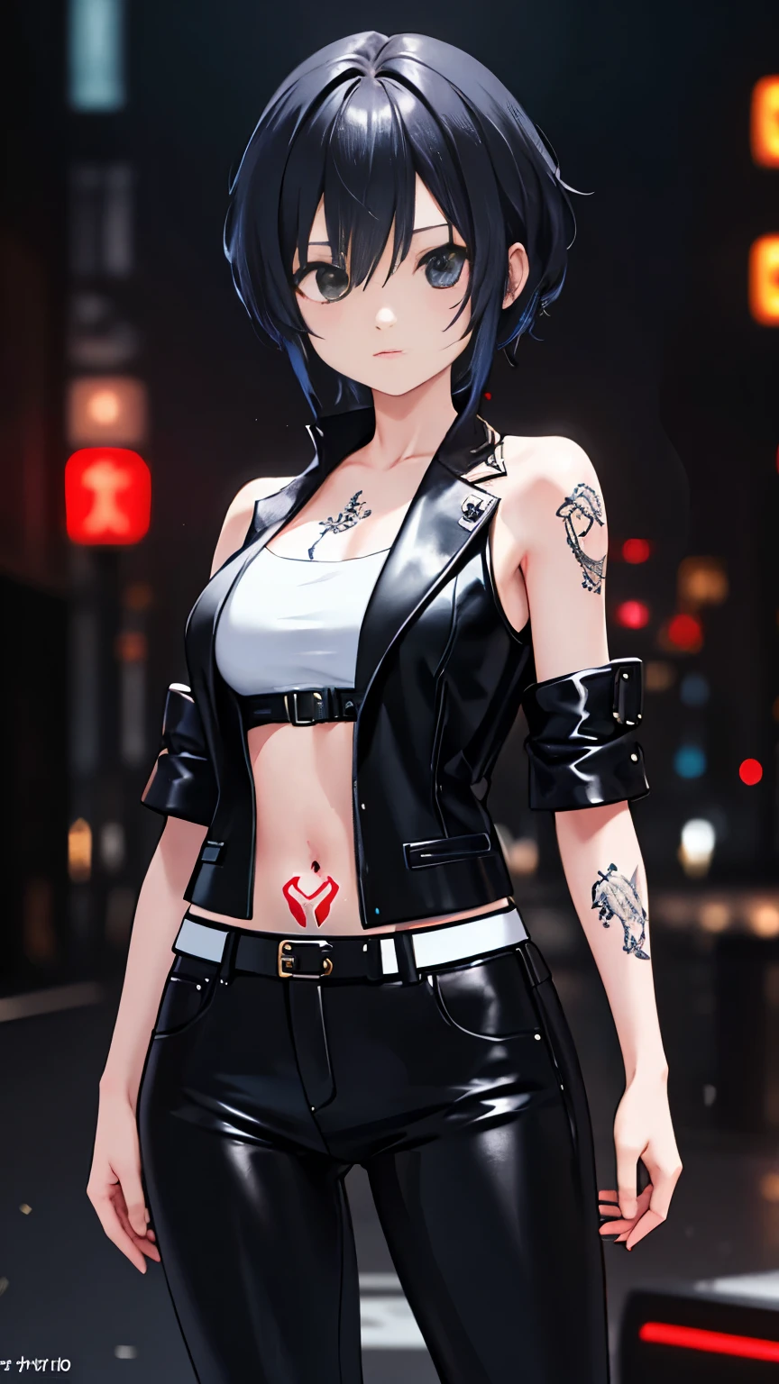 (highest quality)，masterpiece，Super detailed，8K, UHD，Beautiful woman，japanese woman，No expression，whole body，((Tattoo on arm))，slim，black leather pants，black leather vest，(female mafia)，gangster，(cyberpunk city)，night，cinematic lightening，underworld