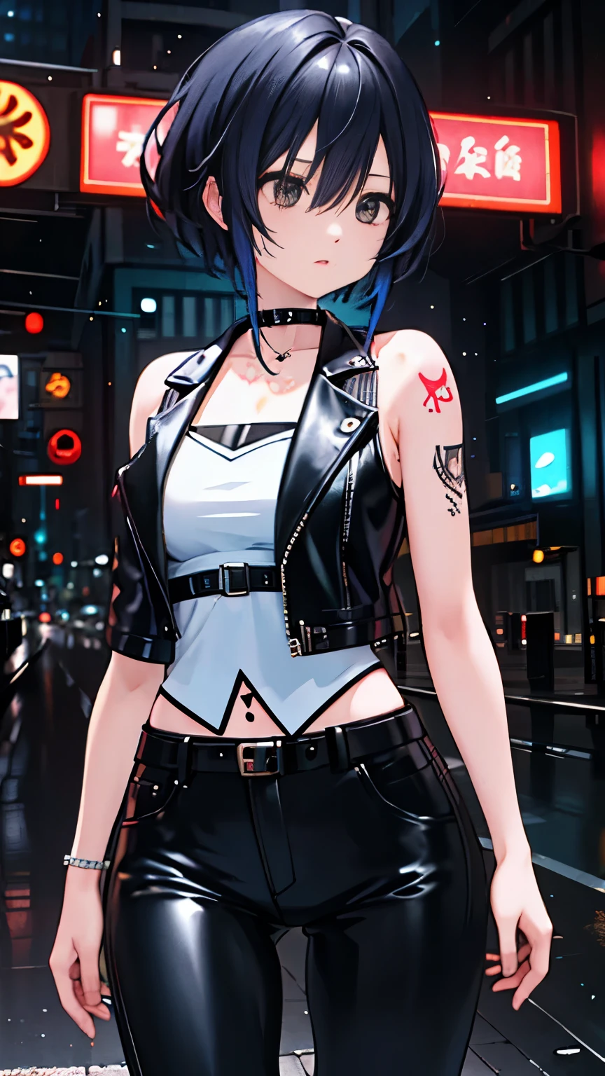 (highest quality)，masterpiece，Super detailed，8K, UHD，Beautiful woman，japanese woman，No expression，whole body，((Tattoo on arm))，slim，black leather pants，black leather vest，(female mafia)，gangster，(cyberpunk city)，night，cinematic lightening，underworld