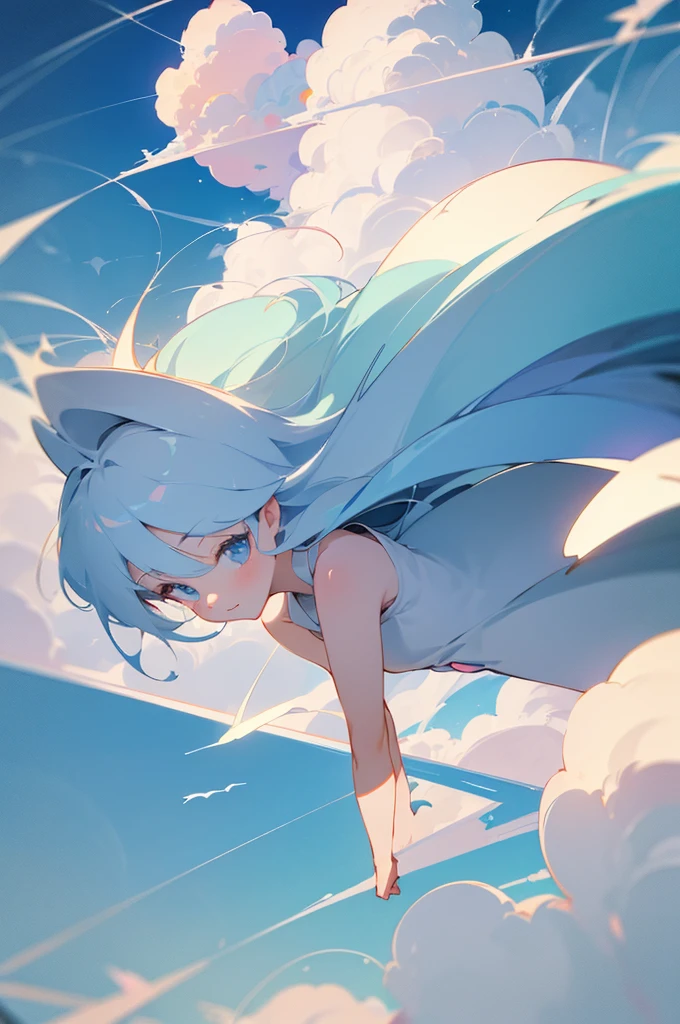 upper body of air elemental woman, fully naked, topless, small breasts, long white hair, blue eyes, (blue skin), flying on the blue sky, clouds and blue sky background, looking from below