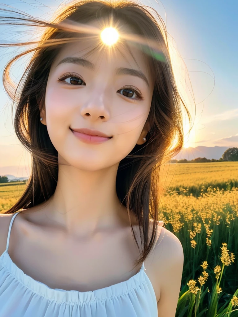 Japanese beautiful girl, ((Fisheye Lens, )) wind, sunset, Wheat field、, (Aesthetics and atmosphere:1.2),Smiling beautiful woman、8K、ultra HD、woman1 person((highest quality, 8K, masterpiece: 1.3)), woman (Wearing a white dress), Dancing,Sharp focus: 1.2, cute woman: 1.4, (((Random hairstyle)), Highly detailed face、skin、Hair Texture, detailed eyes, double eyelid, White skin, Beautiful and delicate nose, Cute young Japanese woman, 28 years old, At a dynamic angle, Pleasant to the eye、Thought-provoking composition, Emphasize the subject&#39;s hair,  Words and actions, The muted tones and contrast of light and shadow create a melancholic feeling.,