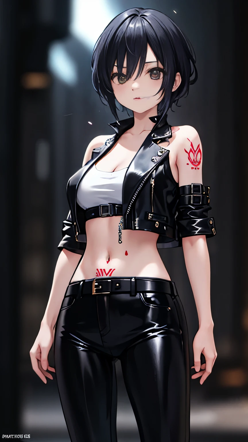 (highest quality)，masterpiece，Super detailed，8K, UHD，Beautiful woman，japanese woman，No expression，whole body，((Tattoo on arm))，slim，black leather pants，black leather vest，(female mafia)，gangster，(cyberpunk city)，night，cinematic lightening，underworld