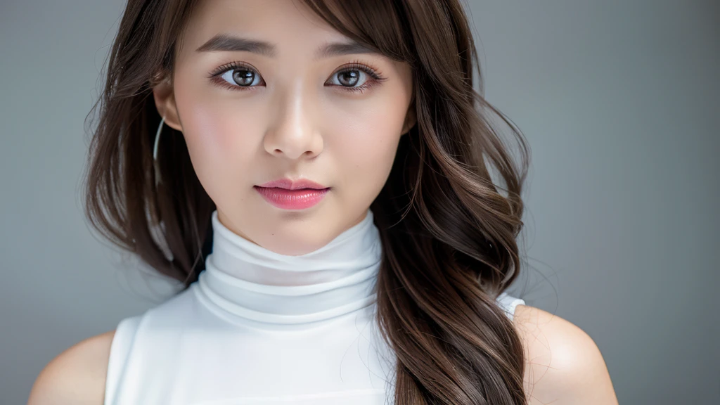 (Detailed face),vivid,cute,White sleeveless and turtleneck outfit,4K,Ultra-high resolution,(Photorealistic:1.7),Black long hair,Gray background,