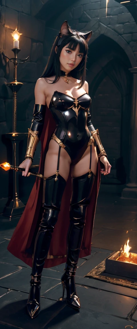 1 solo female full body standing straight symmetrical, looking at viewer, hands on hips, twin drill hairstyles, striped tights, golden bracelets, black choker with a golden heart pendant, hands on hips, confident smile, blushed cheeks