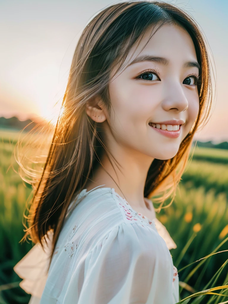 Japanese beautiful girl, ((Fisheye Lens, )) wind, sunset, Wheat field、, (Aesthetics and atmosphere:1.2),Smiling beautiful woman、8K、ultra HD、woman1 person((highest quality, 8K, masterpiece: 1.3)), woman (Wearing a white dress), Dancing,Sharp focus: 1.2, cute woman: 1.4, (((Random hairstyle)), Highly detailed face、skin、Hair Texture, detailed eyes, double eyelid, White skin, Beautiful and delicate nose, Cute young Japanese woman, 28 years old, At a dynamic angle, Pleasant to the eye、Thought-provoking composition, Emphasize the subject&#39;s hair,  Words and actions, The muted tones and contrast of light and shadow create a melancholic feeling.,