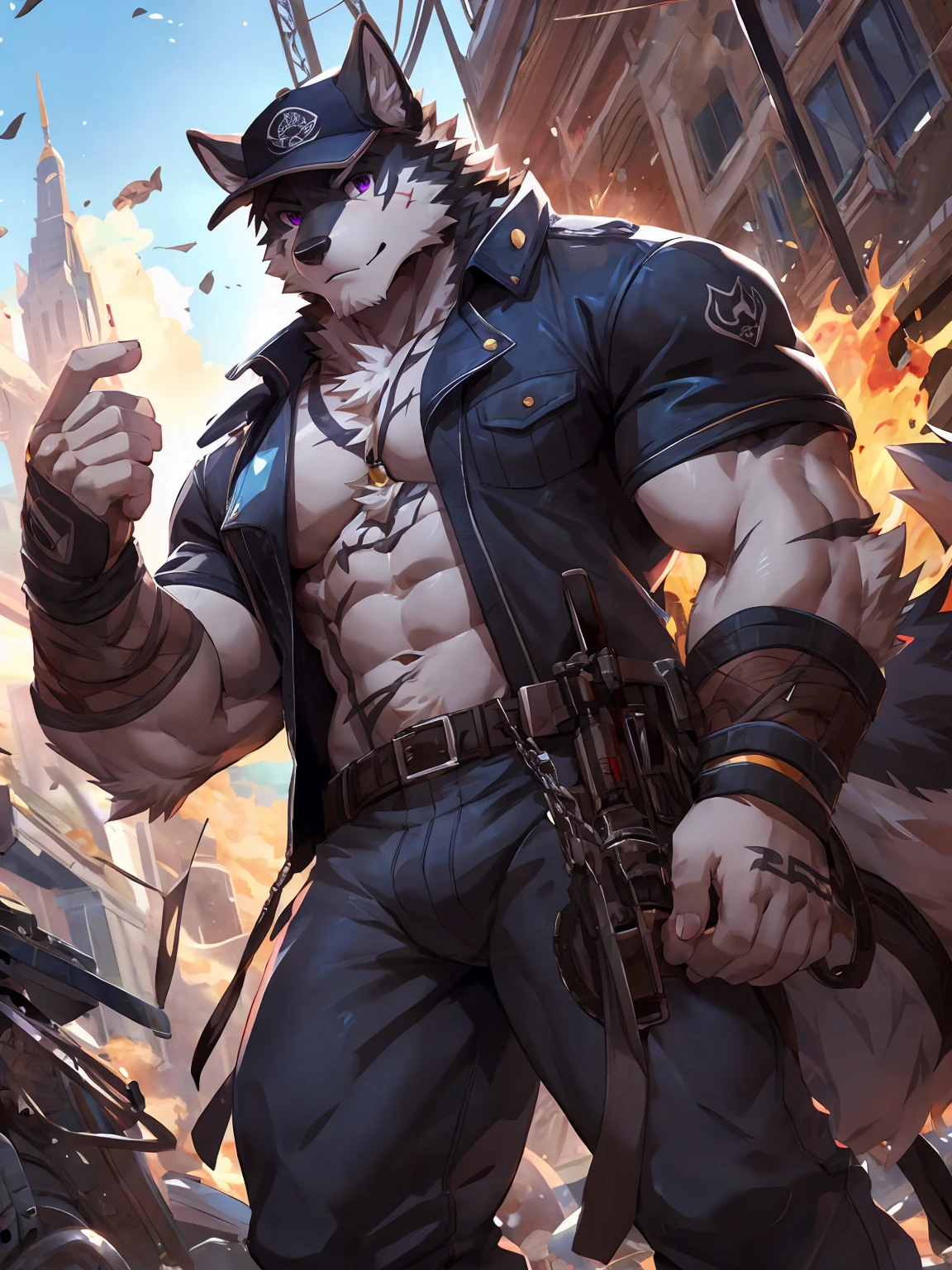 embedding:Black wolf,male, Purple eyes,Scar on the face, Single Person,black fur.The chest and abdomen are white fur.A film actor,In modern times,On the movie set.Wear casual clothes.Wearing a cap,Tattoo,Adult male,strong,Handsome,Muscular,Tall,Best quality hands, best quality eye,detailed fur,Delicate eyes.Extreme picture quality,by sollyz,by zixiong,by null_ghost