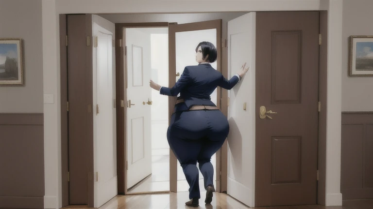 masterpiece, 1girl behind a doorway, from front, (doorstuck, stuckfront:1.3), huge hips, round belly, thick thighs, colorful clothing, wearing suit and tie and formal pants, upset, desperately trying to wiggle through, she kicks her legs franticly, view from behind