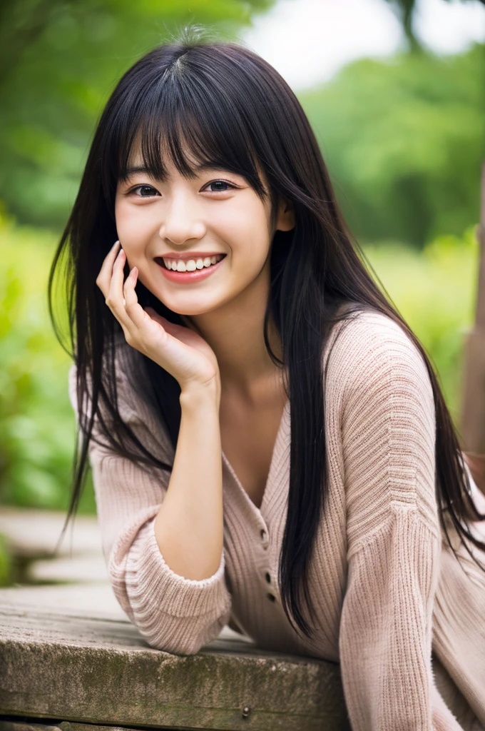 (Photo Real:1.4), (hyper realisitic:1.4), (Smooth lighting:1.05), 1 girl, (mournful smile:1.4), Mouth slightly open, Neat and clean beauty, 22 years old, Soft lighting, Back lighting, (cheerfulness:1.2), (Finest Real Textured Skins), Narrow-eyed, Super fine face, glowy skin, retinas, Anatomically correct, acurate, Super Detail, Textured skin, High quality, high details, Best Quality, High resolution,Morning forest with clear water flowing through it, Medium hair swaying in the wind, Bangs, Blouse