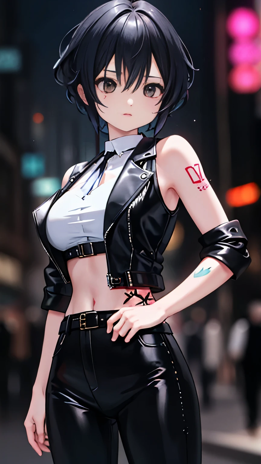 (highest quality)，masterpiece，Super detailed，8K, UHD，Beautiful woman，japanese woman，No expression，whole body，((Tattoo on arm))，slim，black leather pants，black leather vest，(female mafia)，gangster，(cyberpunk city)，night，cinematic lightening，underworld