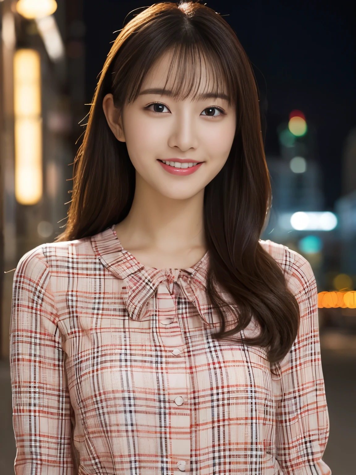 1 girl, (wearing a Check pattern red blouse:1.2), Beautiful Japan actress,
(RAW photo, highest quality), (realistic, Photoreal:1.4), masterpiece, 
very delicate and beautiful, very detailed, 2k wallpaper, wonderful, 
finely, Very detailed CG Unity 8K wallpaper, super detailed, High resolution, 
soft light, beautiful detailed girl, very detailed目と顔, beautifully detailed nose, beautiful and fine eyes, 
cinematic lighting, Against the backdrop of the cityscape at night, city lights, perfect anatomy, Random Body Orientation, slender body, smile