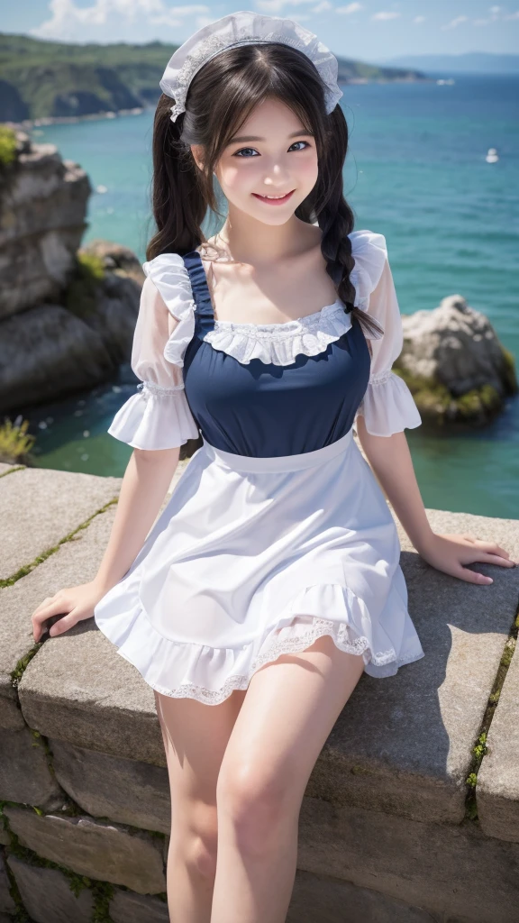 ((masterpiece)), ((highest quality、Ultra high definition)), (Very detailed),8K、Photo quality、((Amazingly cute girl)),((())), Two people, , (Beautiful emerald blue eyes), ((smile)),In the open-air bath overlooking the sea, Beautifully arranged black hair in twin tails、whole body、Cute lolita maid stylimsuit))、Professional Lighting、(White lace knee-highore detailed and beautiful)、(More details and cutenesore realistic)、(((Just wear light clothing)))、プールではしゃぐ、