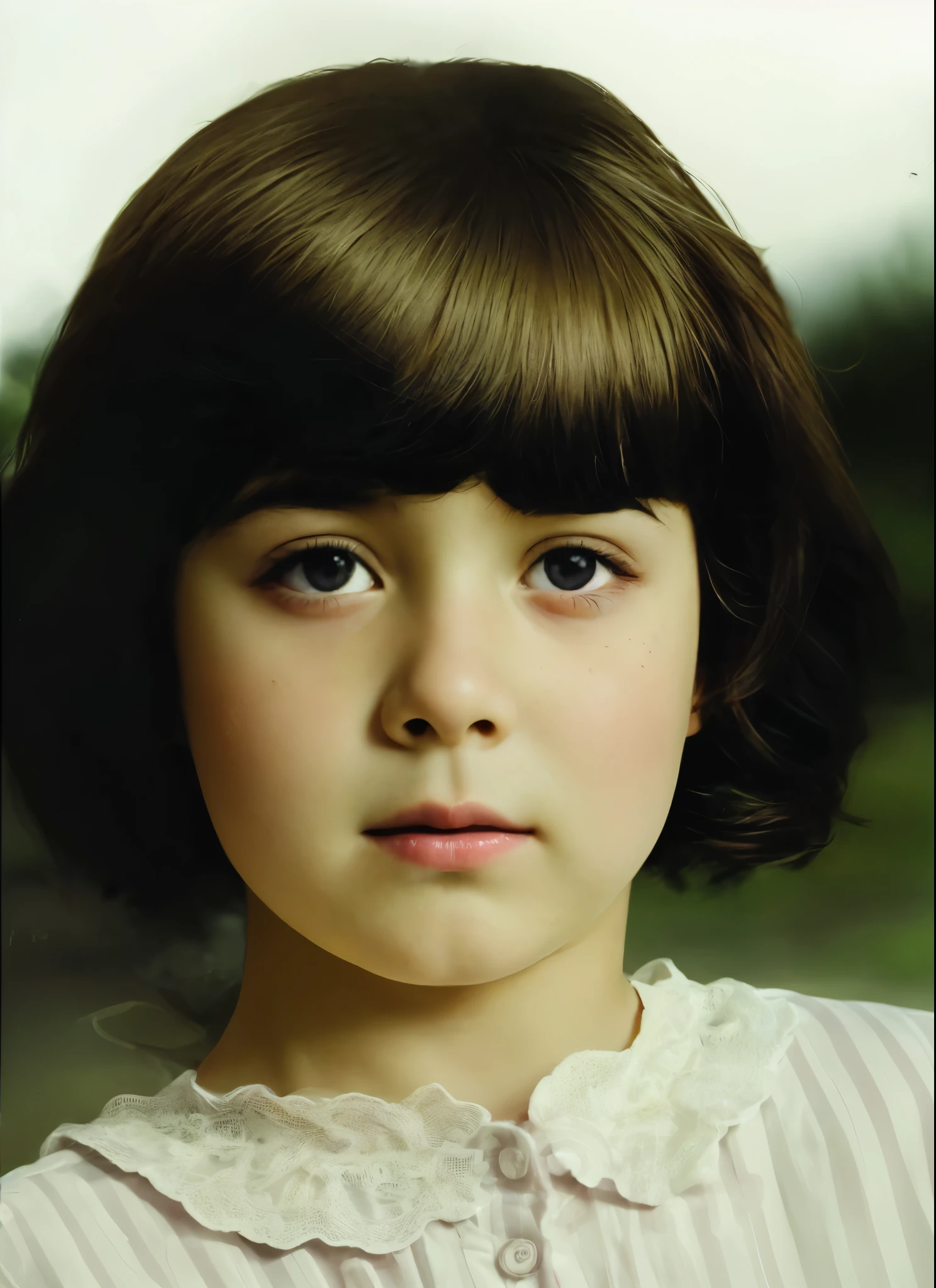 Enhance and restore this old photo of a 6 year old girl. Make same physiognomy. Same appearance. Same person. Same easy expression. The same girl as in the attached image. High definition. Maximum realism. Realistic peeling. Real and professional photo. Improve photo appearance. Highly realistic photo. Realistic hair. Realistic eyes. Realistic skin. Realistic nose. Realistic mouth. Realistic lips. Realistic skin texture. Realistic face.
