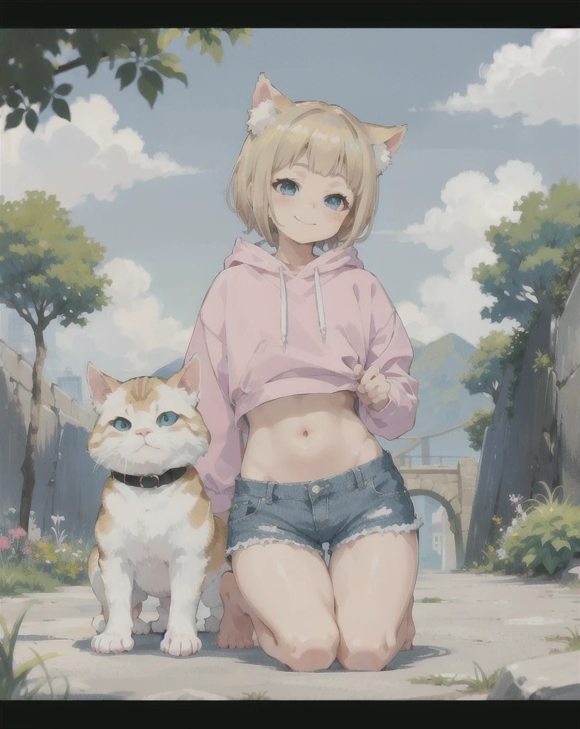 Pink hoodie、Belly button、Reduces the volume of hair on the sides for a neater look、Shortcuts、Bangs are straight and even.、The best move,Highest quality,(masterpiece,Ultra-detailed 8K art,shape),Kung Fu, (Human face, 1 Girl,Saggy dog),Outdoor, ,Blonde、Short Mash Hair、Turquoise Eyes、Pink hoodie、Denim shorts、Black sneakers,garden,  Looking up at the sky, my smile breaks,(whole body), Cat ears of the same color as the hair、