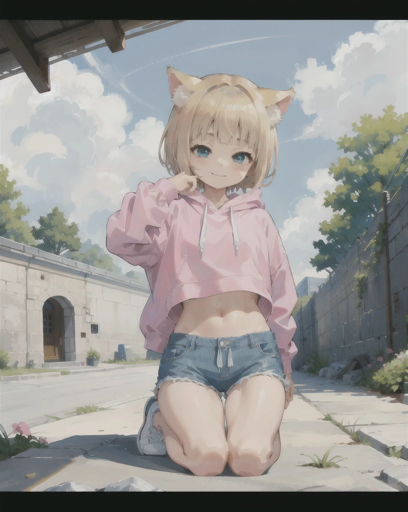 Pink hoodie、Belly button、Reduces the volume of hair on the sides for a neater look、Shortcuts、Bangs are straight and even.、The best move,Highest quality,(masterpiece,Ultra-detailed 8K art,shape),Kung Fu, (Human face, 1 Girl,Saggy dog),Outdoor, ,Blonde、Short Mash Hair、Turquoise Eyes、Pink hoodie、Denim shorts、Black sneakers,garden,  Looking up at the sky, my smile breaks,(whole body), Cat ears of the same color as the hair、