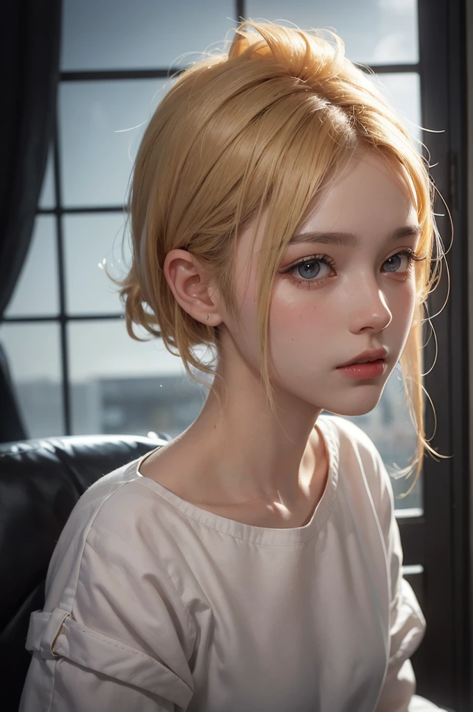 (masterpiece), (Highest quality), (High resolution),Realistic skin texture, Perfect Face, Realistic, Perfect hands, Perfect finger count, Japanese, Girl, (20-year-old), Big Eyes, Brown eyes, Platinum Blonde Hair, bangs, ponytail, Big hair ribbon, Small face, Crying face, ((White button-up shirt, Flat Chest, tie, Mini Pleated Skirt)), Leaning against a wall, Cute pose, In an abandoned house, Litter