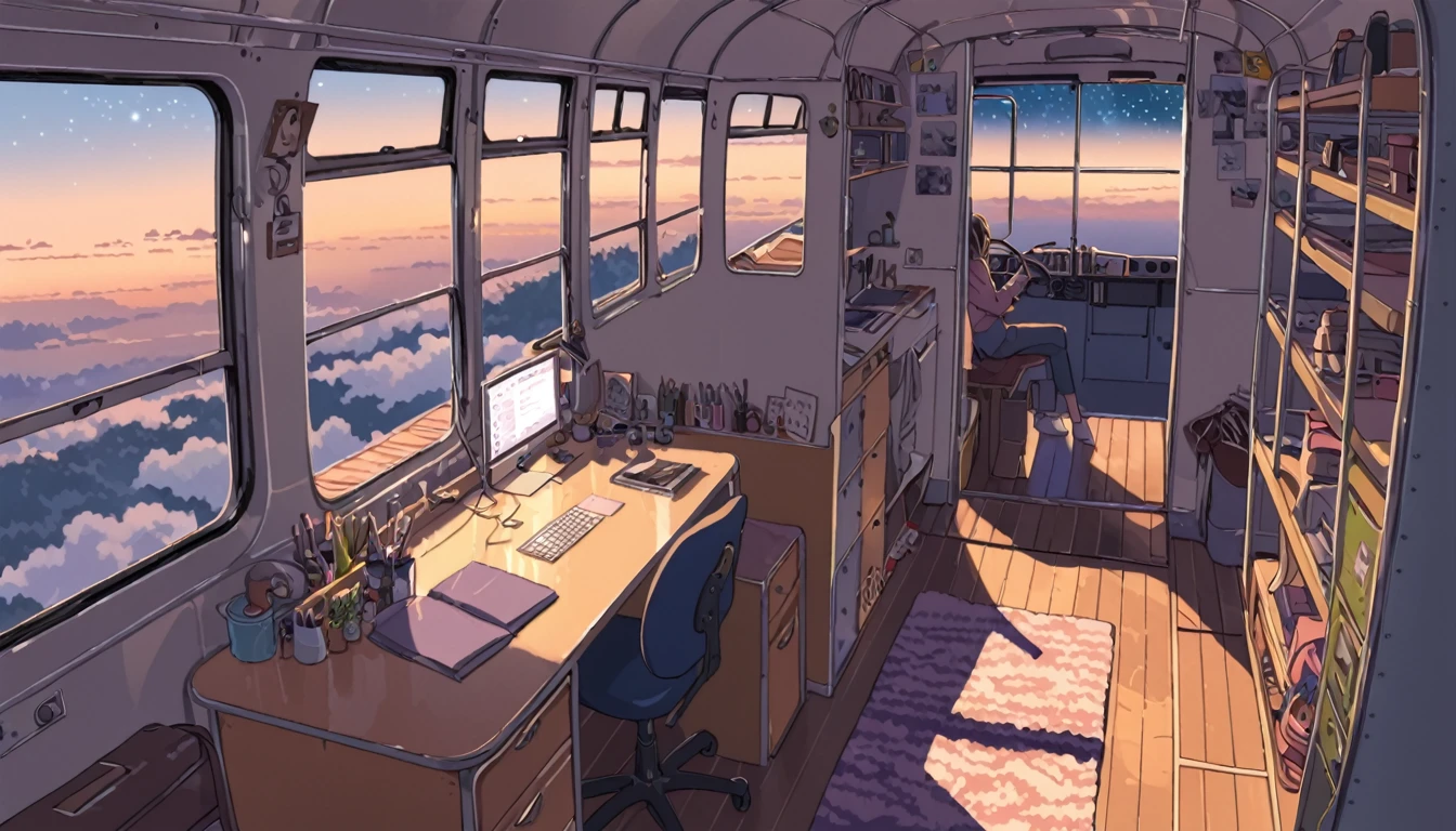 ((anime:1.4,illustration)),(masterpiece, top quality, best quality),(ultra-detailed, absolutely resolution),((16k, high res)). BREAK {lofi art, style of Laurie Greasley, style of Makoto Shinkai, anime aesthetic} BREAK {illustration of a man and a woman living inside a converted bus. The interior should be cozy and detailed, featuring bunk beds. The woman is on the upper bunk with a small window showing a night sky view, while the man is on the lower bunk with a desk, computer, and personal items. Include shelves, storage spaces, and scattered personal belongings throughout the bus, giving it a lived-in feel. The atmosphere should be warm and intimate, highlighting the unique and compact living environment inside the bus.}