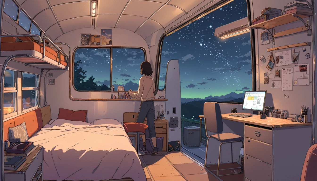 ((anime:1.4,illustration)),(masterpiece, top quality, best quality),(ultra-detailed, absolutely resolution),((16k, high res)). BREAK {lofi art, style of Laurie Greasley, style of Makoto Shinkai, anime aesthetic} BREAK {illustration of a man and a woman living inside a converted bus. The interior should be cozy and detailed, featuring bunk beds. The woman is on the upper bunk with a small window showing a night sky view, while the man is on the lower bunk with a desk, computer, and personal items. Include shelves, storage spaces, and scattered personal belongings throughout the bus, giving it a lived-in feel. The atmosphere should be warm and intimate, highlighting the unique and compact living environment inside the bus.}